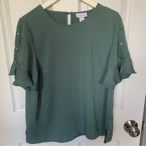 Liz Claiborne Sage Green Ruffle Sleeve Blouse with Gold Buttons